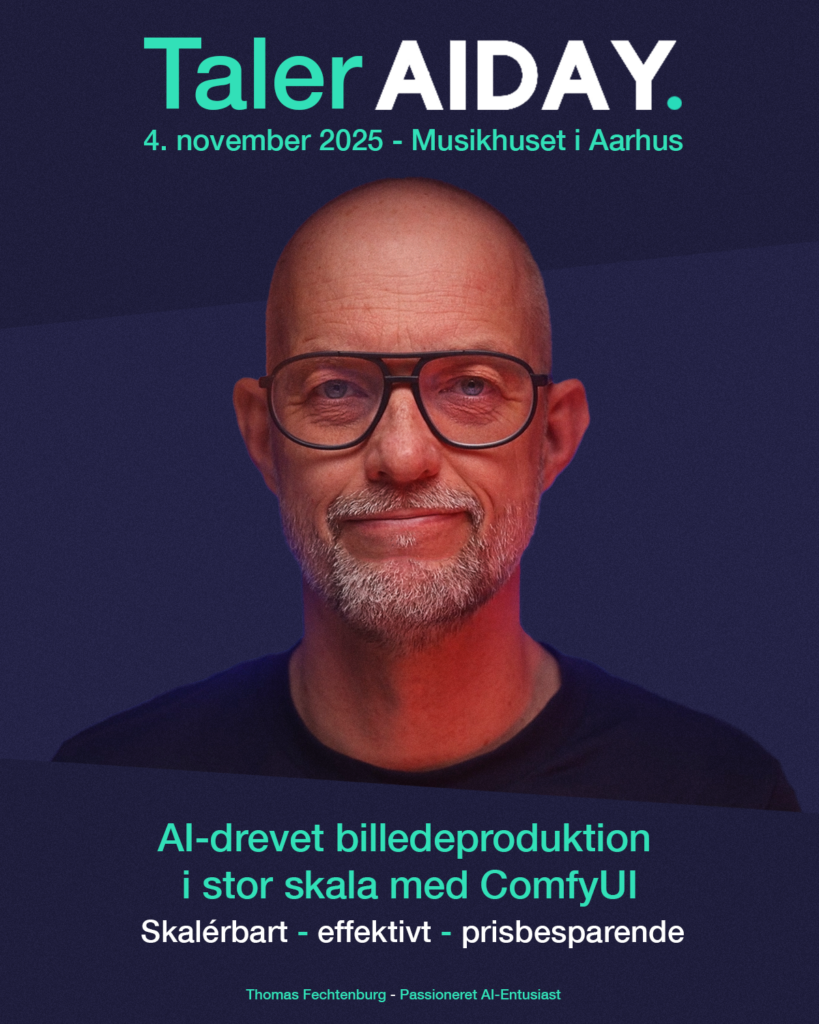 Thomas Fechtenburg taler til AI DAY 2025 om AI-drevet billedeproduktion i stor skala med ComfyUI. Skalerbart - effektivt - prisbesparende